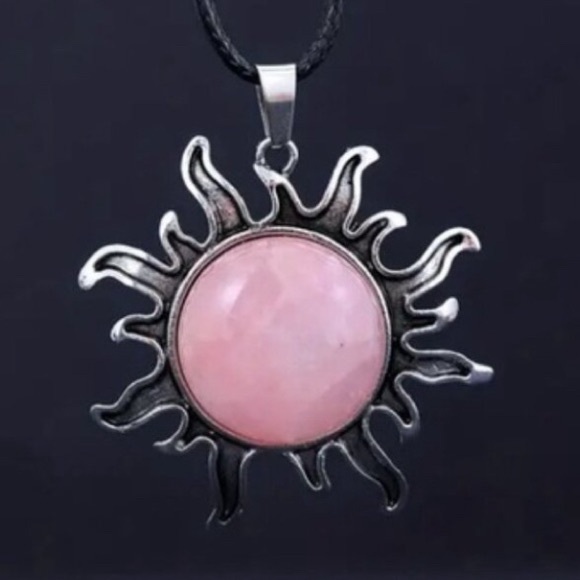 112 🖤 Rose Quartz Sunburst Gemstone Crystal Sun Pendant Necklace Jewelry - Picture 2 of 6